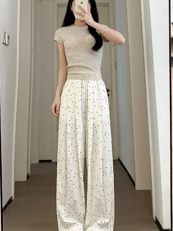 White Polka Dot Wide Leg Pants Women's Summer Thin Casual Bf Lazy Sle Small Size Loose Samba Pants High Waist Straight Leg
