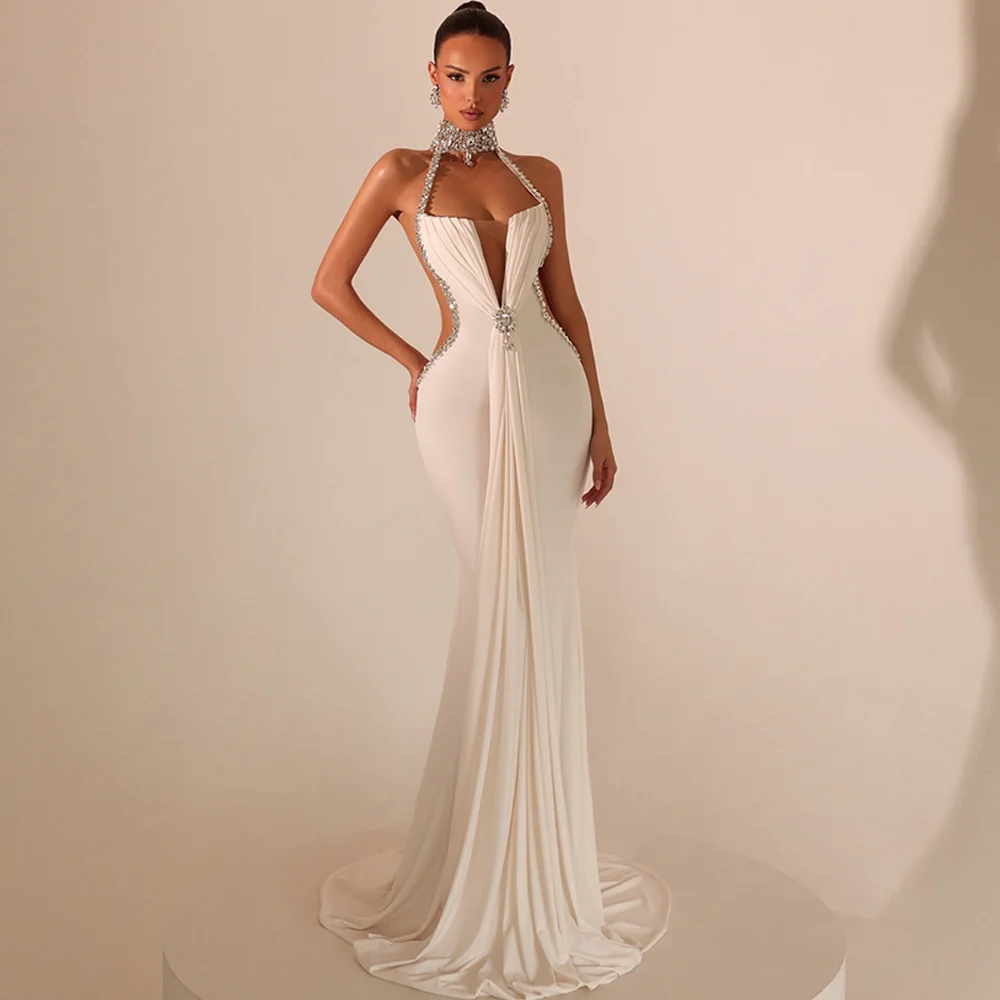 Ärmelloses, maßgeschneidertes Brautkleid mit Kristallen, modisches Meerjungfrauen-Jersey-Kleid, bezaubernde Tüll-Brautkleider