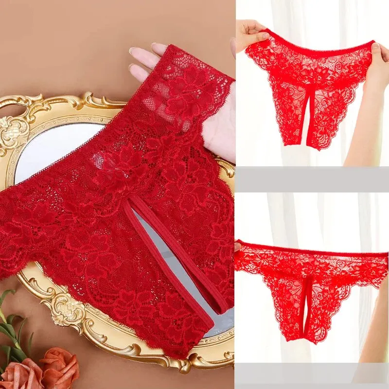 Sexy Women Lace Transparent Panties Opening Underwear Breathable Seductive Lingerie Erotic Crotchless Thongs Underpants