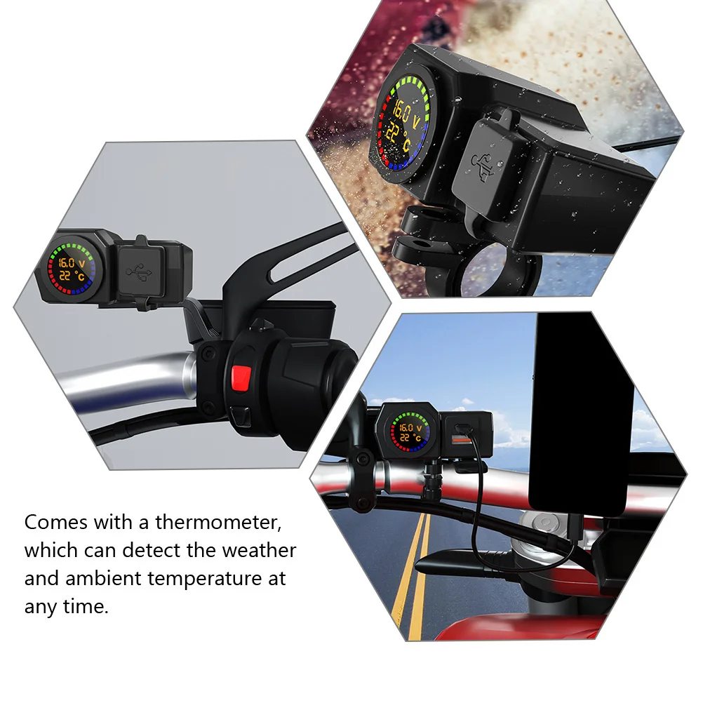 

Motorcycle USB Type-C and Standard USB Dual Port Fast with Monitor Thermometer 70cm Installation Cable