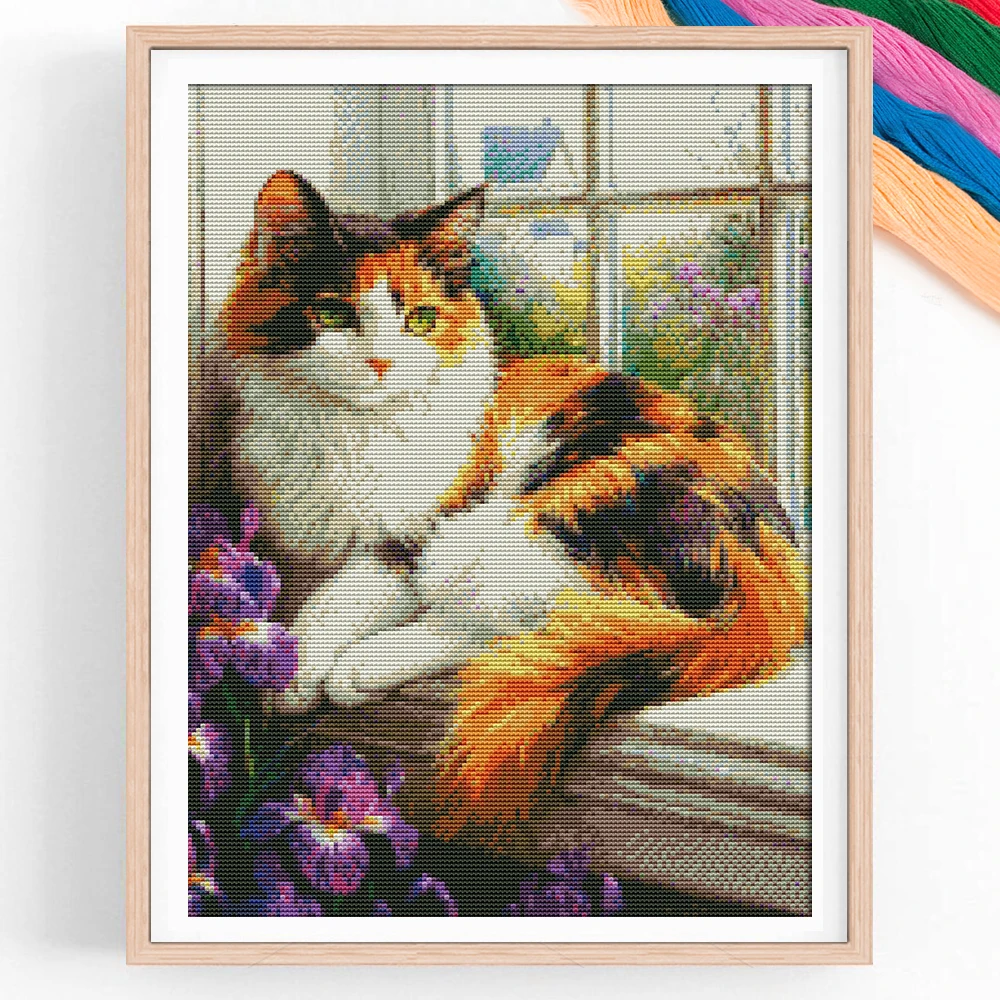 DIY Kreuzstich-Set für Anfänger: Katze & Blume – Vorgedrucktes Stickset 11CT – Nadelarbeit Deko-Bastelset
