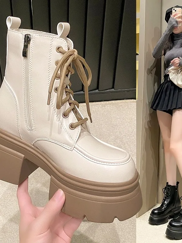 

Women's Boots Thick Bottom High Heel Winter Fashion Short Boots Korean Style round Toe Warm Fleece Lined Buckle Design