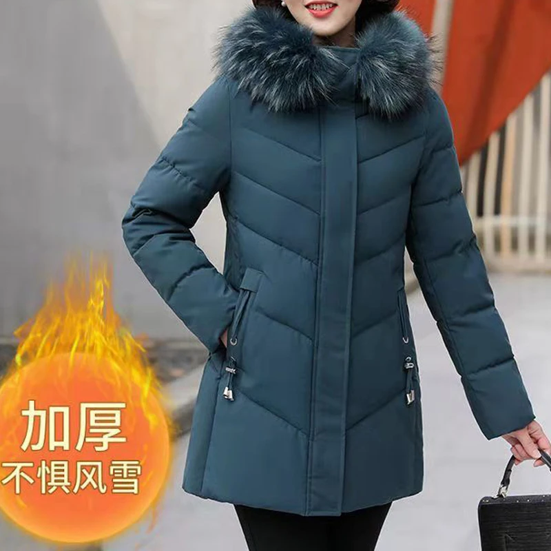 Women Korean Fashion Fur Collar Down Cotton Quilted Coat Winter Ladies Solid Long Sleeve Warm Padded Parkas Loose Hooded Jackets