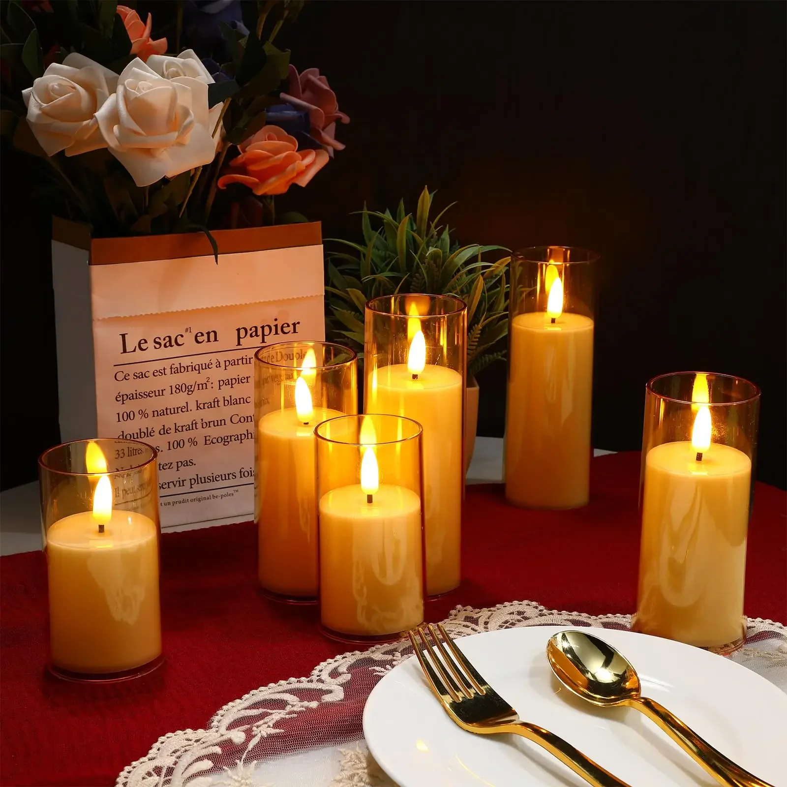 3 PCS/Set LED Flickering Flameless Pillar Amber Candles Battery Operated Acrylic Electric Candle for Wedding Halloween Christmas