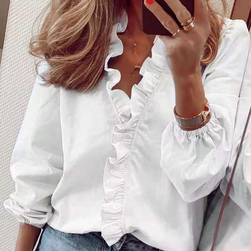 2022 Spring Elegant Ruffles Womens Tops And Blouses Casual V Neck Long Sleeve Loose Tunic White Blouses For Women