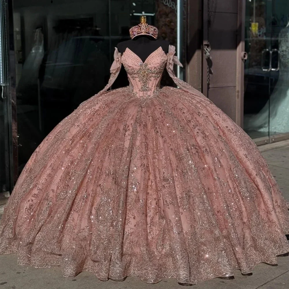 Rosa charro quinceanera vestidos de baile com decote em v renda brilhante frisado mexicano doce 16 vestidos 15 anos personalizado