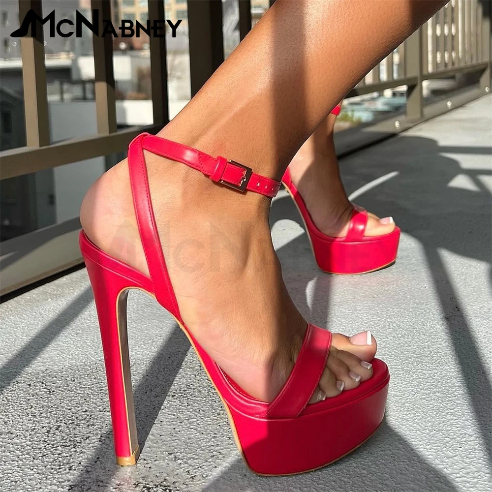 Platform Solid Color Buckle Sandals Super High Heel Summer Shoes Fashion Design Leather High Heels Women Stiletto Sandals New In