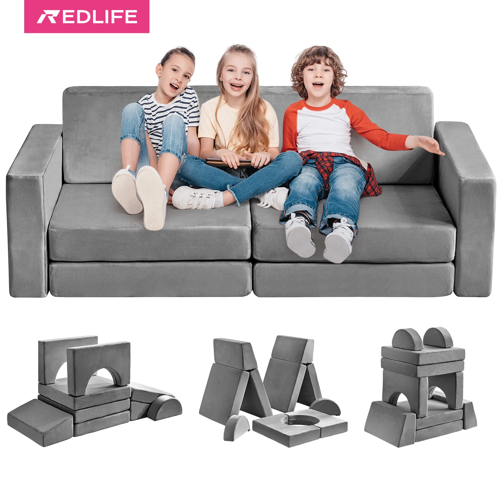 Redlife modułowa kanapa do zabawy dla dzieci 10 szt., wielofunkcyjna sofa segmentowa dla dzieci rozkładana pianka i poduszka podłogowa dla chłopców i dziewcząt