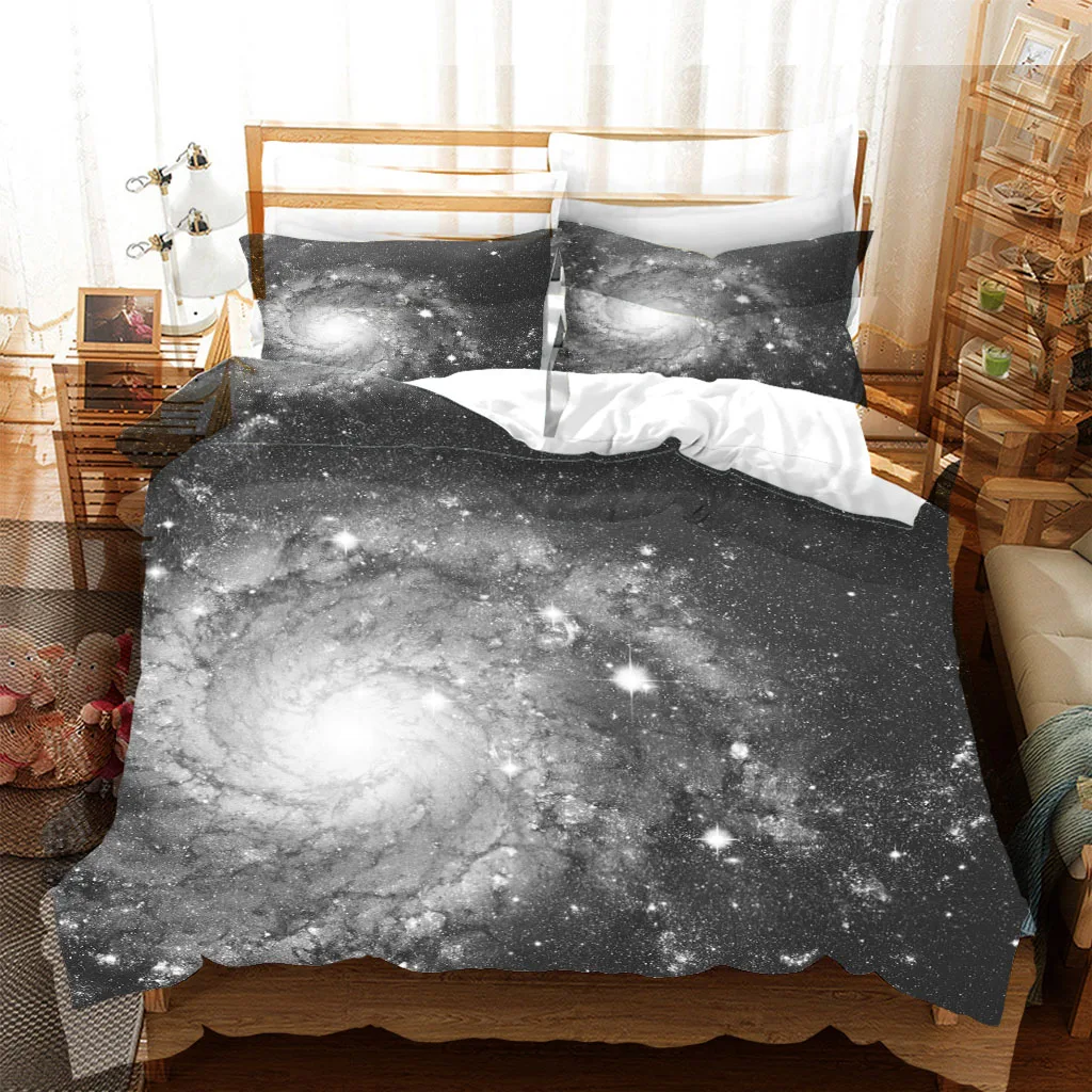 HUANZHUANG Bedding Set Duvet Cover Set 3D Bedding Grey Milky Way Starry Sky Digital Printing Bed Linen Queen Size Bedding Fashio