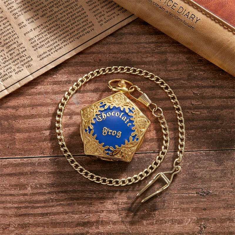 Personalized fashion college style pentagonal gold blue case quartz pendant hanging watch for boys and students pocket watch