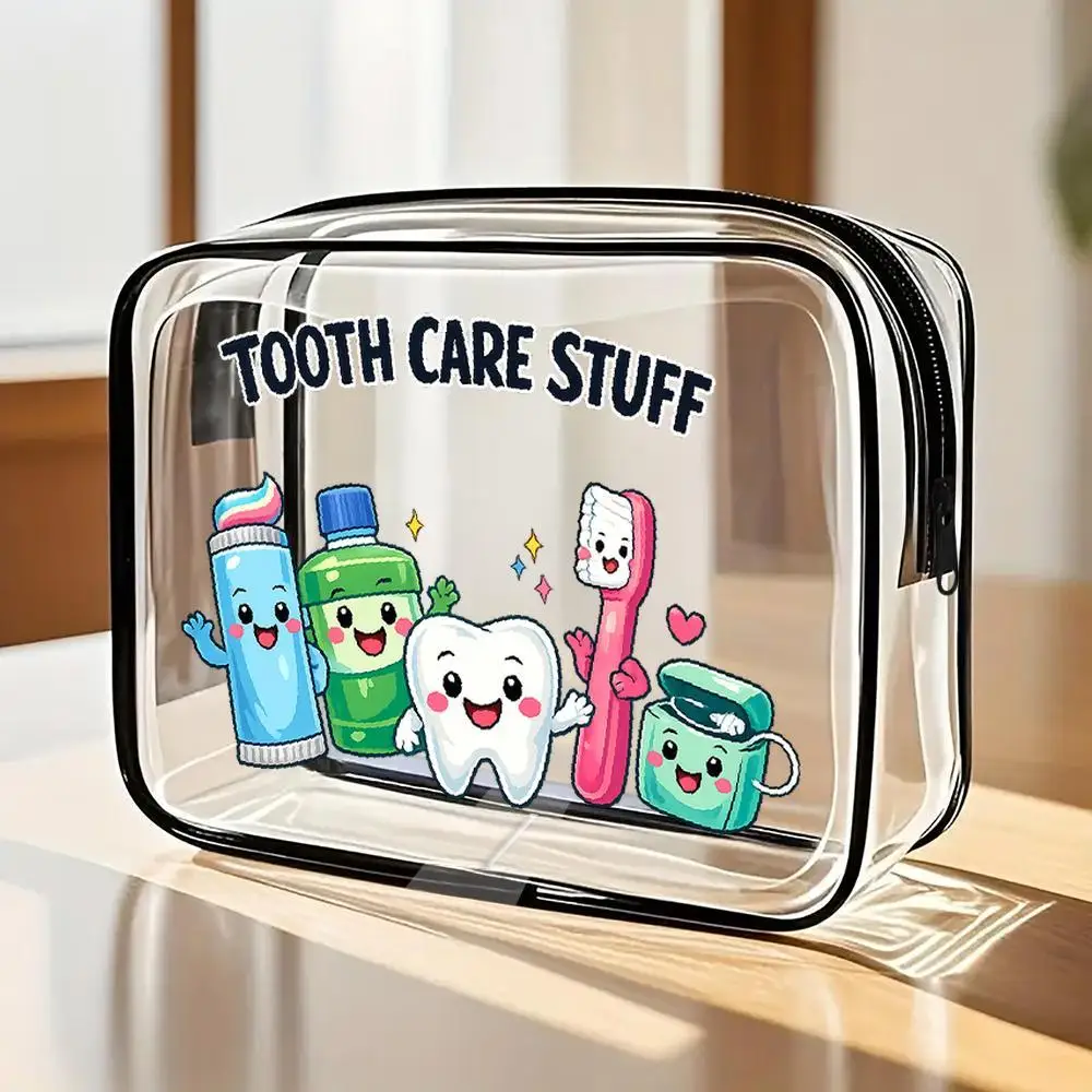 

Toiletry Bag Cartoon Tooth Dental Care Characters Clear Zipper Makeup Bag Kawaii Style Transparent Organizer Pouch Portable Tra