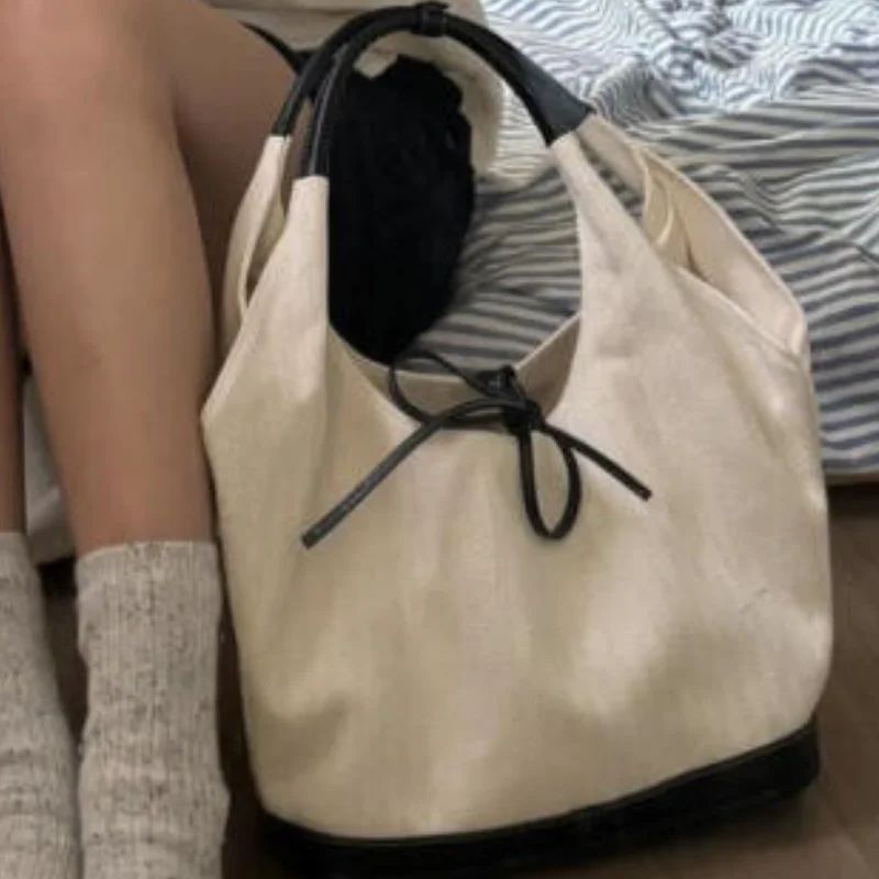Modne torby z grubej bawełny nowe torby damskie zaawansowane białe łączenie płótna Retro o dużej pojemności wypoczynek koreański styl Trend torby na