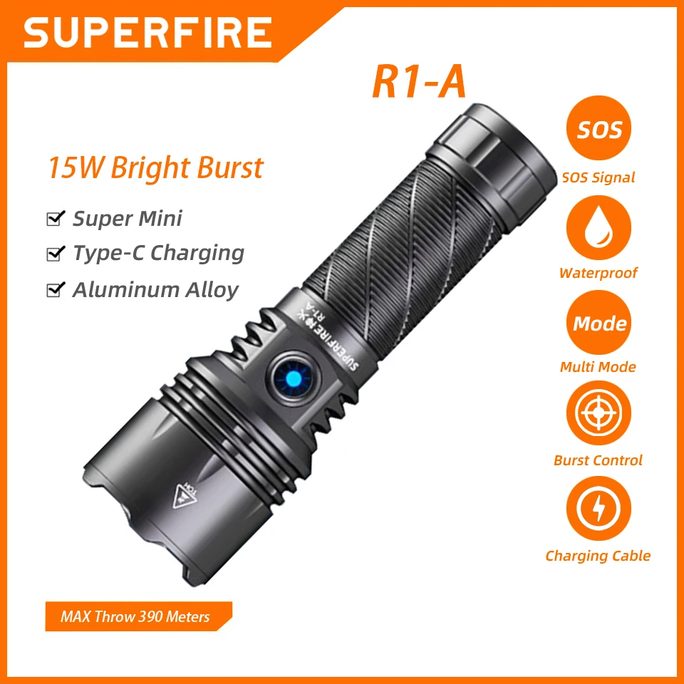 SUPERFIRE R1-A Rechargeable Flashlight LED Type-C Torch High Power 15W Portable 1800Lm 26650 Camping Fishing Hunting Lantern