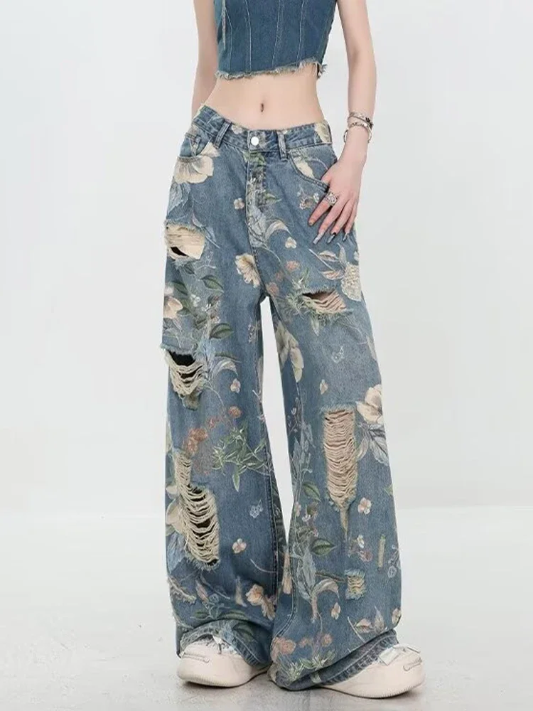 

HOUZHOU Y2K Ripped Floral Printed Jeans for Women Harajuku High Waisted Denim Pants Female Retro Casual Streetwear Trousers