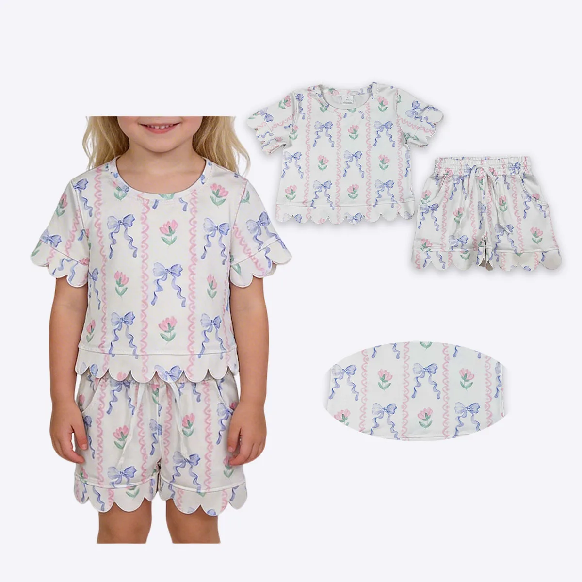 

Fashion Baby Girls Short Sleeve Blue Bow Flowers Stripe Top Shorts Scallop Sets Toddler Clothes Children Clothing Wholesale