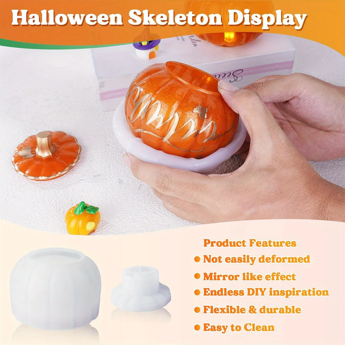1Set DIY Epoxy Pumpkin Storage Box Mold, Halloween Silicone Mold for Candlestick Gypsum Storage Box, Resin Casting Craft Supplie view 3