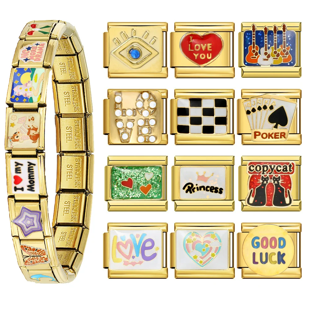 Y2K Elastic Chain Stainless Steel Charm Link Fit 9mm Italian Trendy Gold Color Love Heart Poker Princess Bracelet DIY Making
