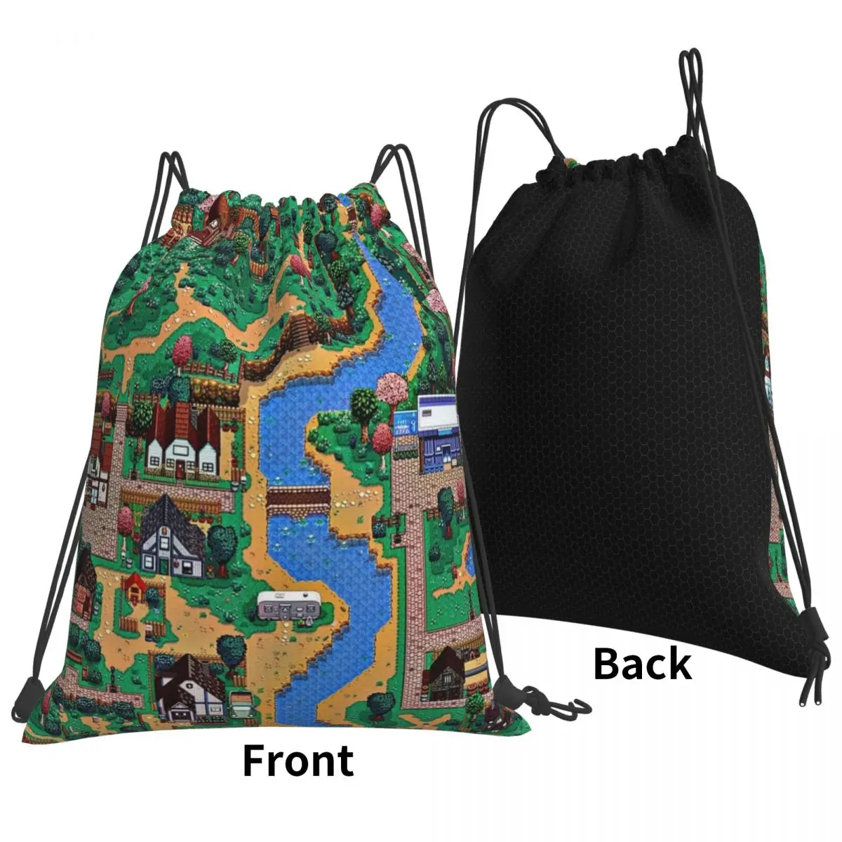 Stardew Valley Town Map mochilas portátiles con cordón, paquete de cordón, bolsa de almacenamiento de bolsillo, bolsas de libros para la escuela de viajes