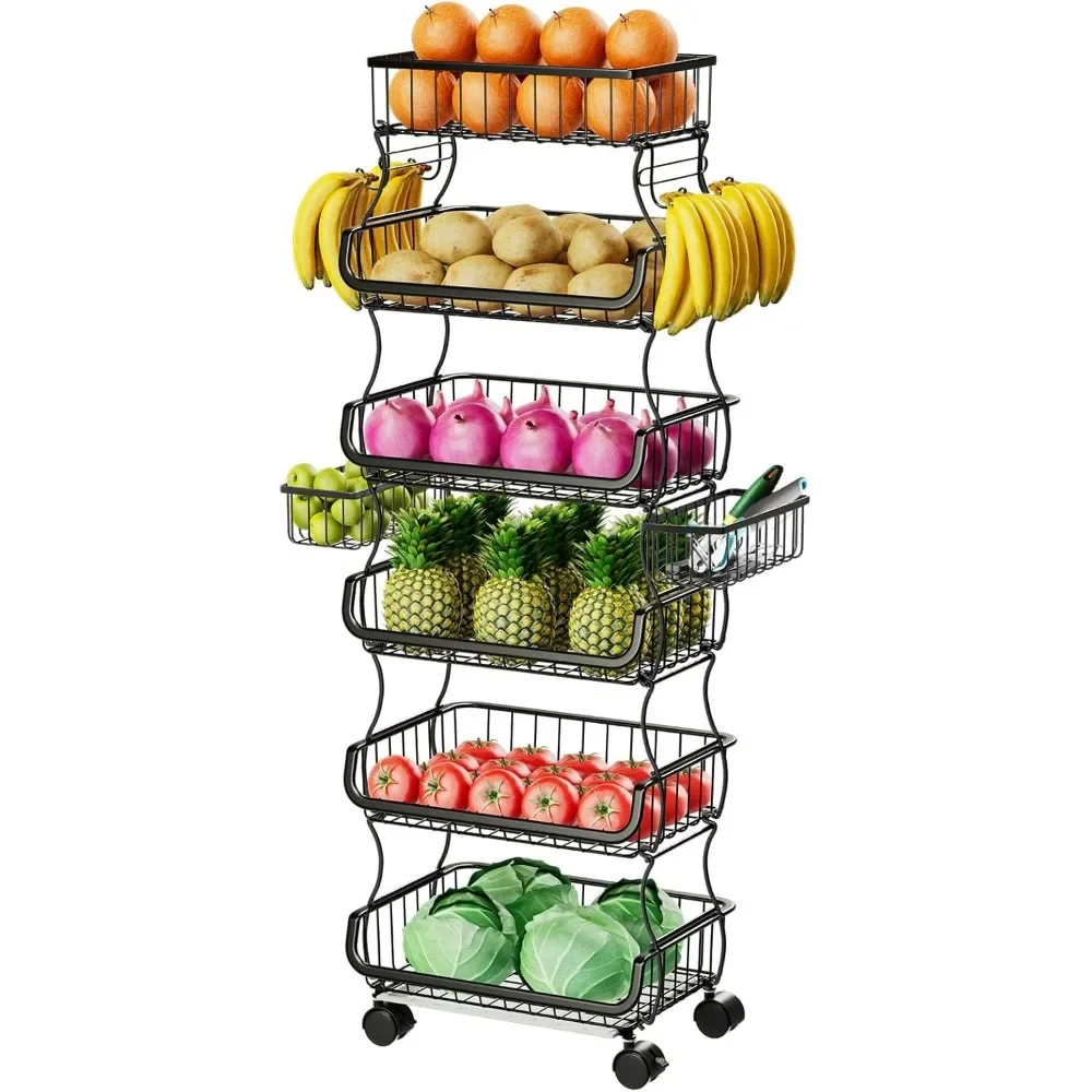 

6 Tier Rolling Cart, Stackable Fruit Vegetable Basket with Wheels and 2 Hanging Basket, Kitchen Storage Metal Wire Basket Stand