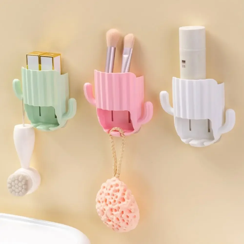 Useful Household Toothbrush Holder Self-adhesive Wall-mounted Cactu Storage Rack Kitchen Bathroom Toothbrush Organizer with Hook