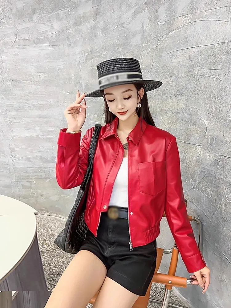 High Street Women Punk Style Short Coat Zip Spring Long Sleeve Lapel Casual Outwear Sheepskin Genuine Leather Motorcycle Jacket