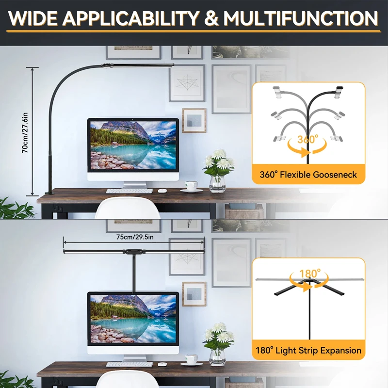 Imagem -04 - Led Dimmable Duplo Cabeça Desk Lamp Monitor de Computador Luz Reading Table Lamp Escritório de Estudo Estudo Trabalhando Usb Folding