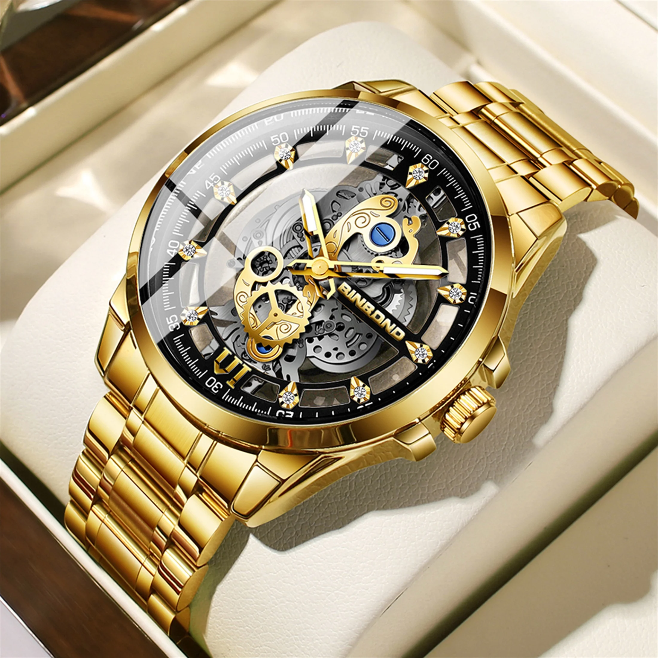 30M Waterproof Watch Frame Hollow Quartz Watch With Built-in Battery Gold Stainless Steel Rhinestone Men's Holiday Birthday Gift