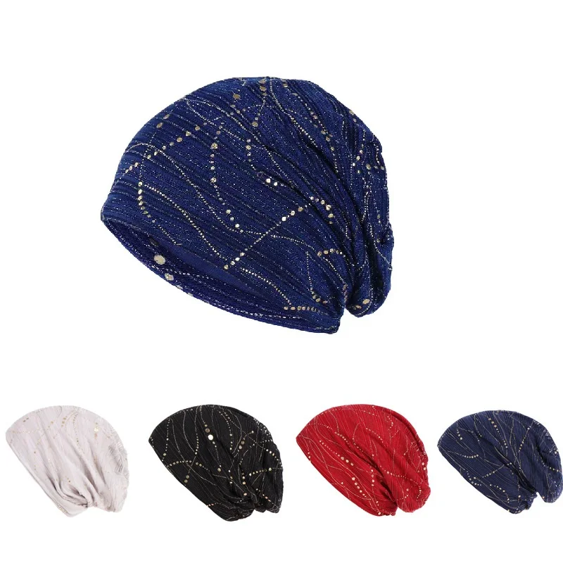 

New Women Lace Rhinestone Breathable Slouchy Beanie Hat Thin Breathable Brimless Casual Thin Head Wrap Bonnet Cap Chemo Hats