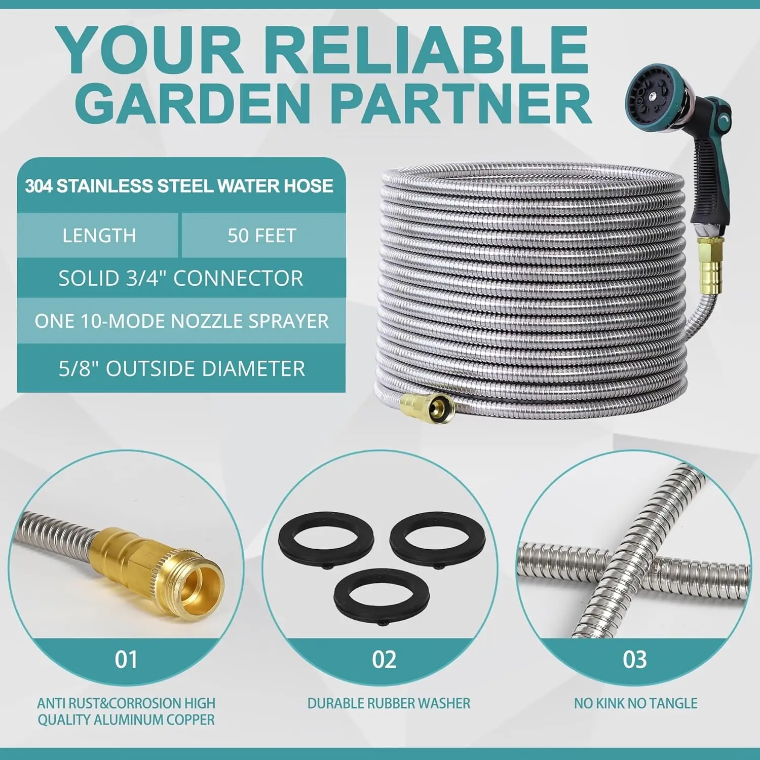 

50FT Garden Hose, 304 Stainless Steel Water Hose, Flexible with a 10-Mode Nozzle Sprayer, No Kink, Lightweight,New Popularity