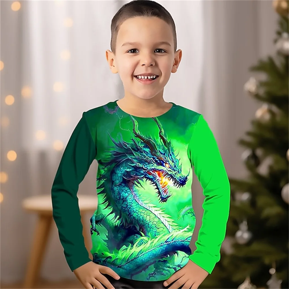 Camiseta de manga comprida com estampa 3D do Dragão Chinês infantil, roupas de menino, azul, adolescentes de 4 a 12 anos