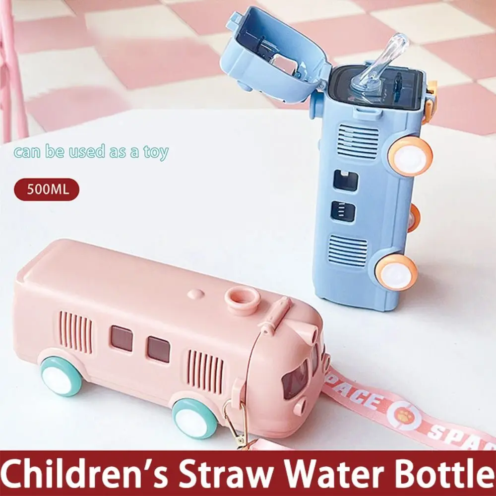 

Car Shape Water Bottle Little Locomotive Plastic Sports Water Cup with Straps Cute Baby Bus Children's Straw Water Cup