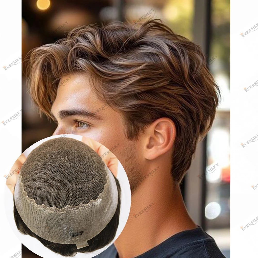 

Bleach Knots Natural Hairline Invisible Swiss Lace Human Hair Men's Toupee Brown Blonde 30mm Wave Hair Replacement Prosthesis #5