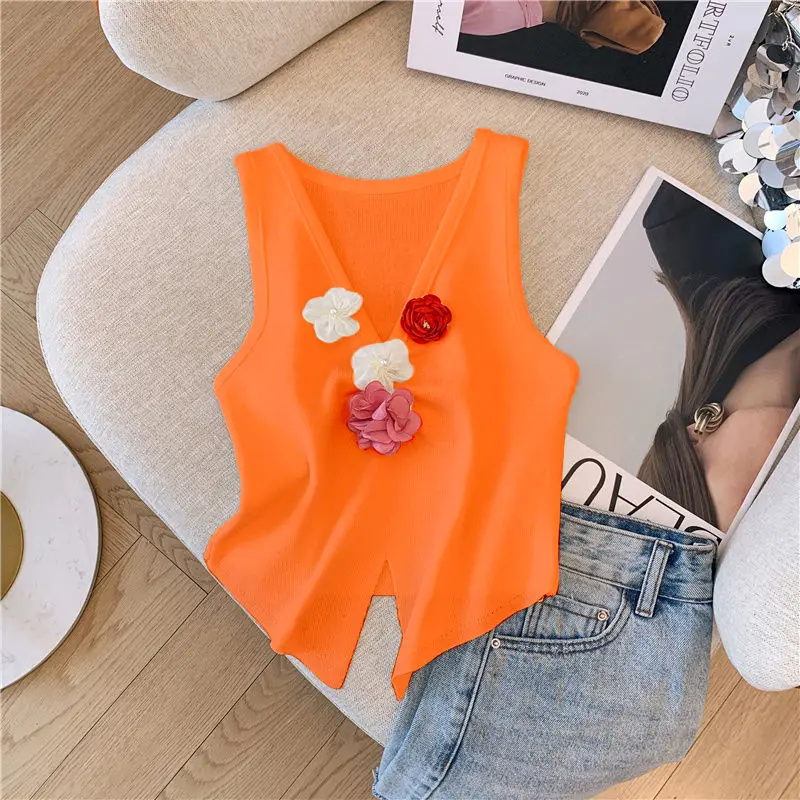 Dopamine Flower Splicing Knitted Vest Women\'s Summer Hem Irregular Split Ends Chic Niche Sleeveless V-neck Top