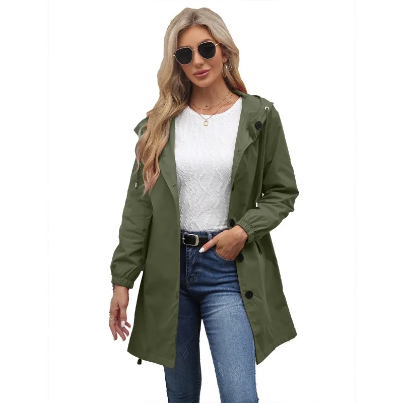 

Spring Autumn Women's Trench Coat Water-Repellent Hooded Windbreaker Outdoor Loose Casual Zipper Long Jacket