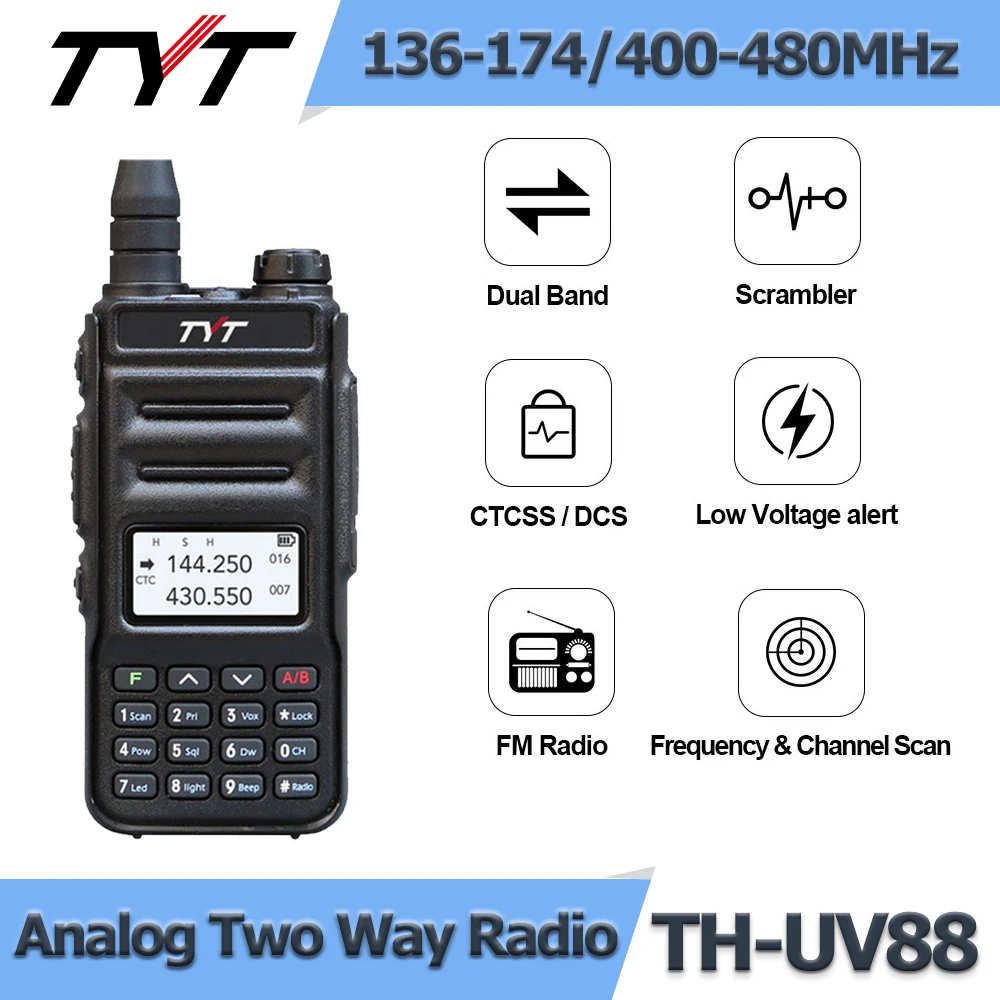 

TYT TH-UV88 VOX dual band walkie talkie VHF 136-174MHz & UHF 400-480MHz 5W 200CH Scrambler Portable Two way radio TYT FM Radio