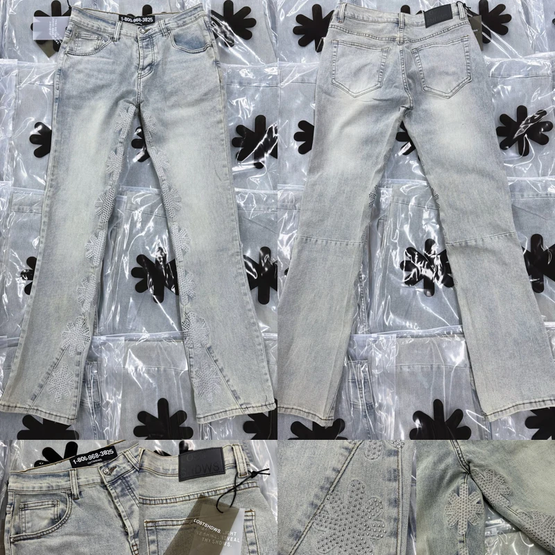 Tendência americana lostshdws jeans flor do sol indústria pesada quente diamante retalhos lavado ligeiramente queimado calças lostshdws