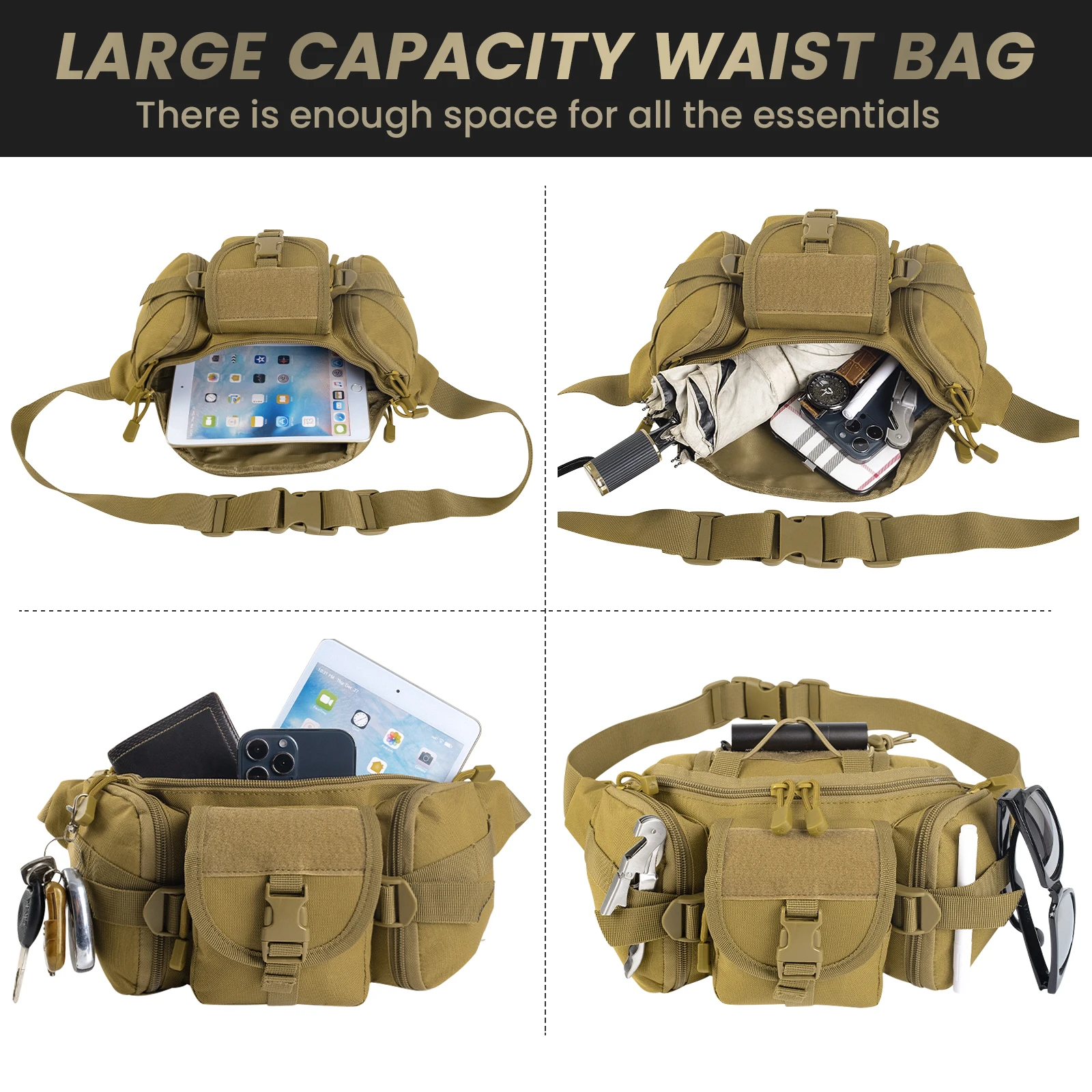 Tactical Waist Bag Military Fan Bag Sports Outdoor Large-Capacity Waterproof  Riding Travel Running Multi-Function Chest Bag