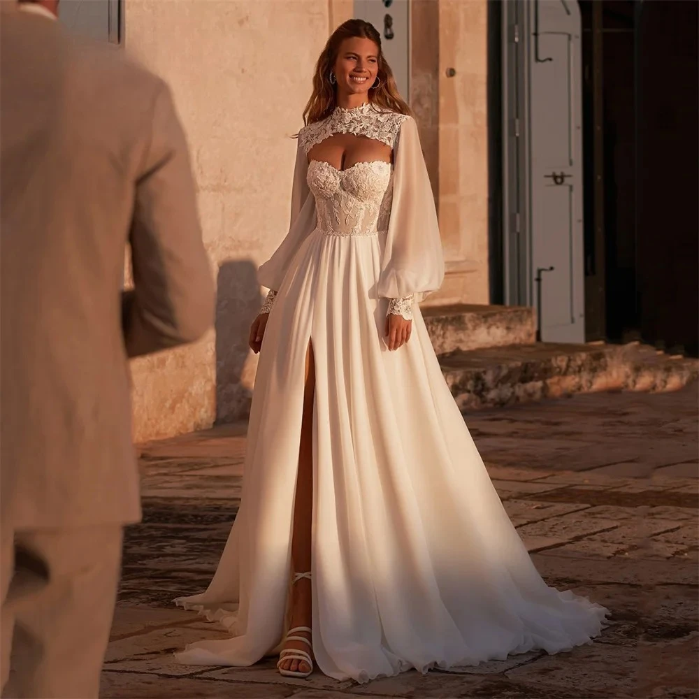 Elegantes A-Linien Spitzen-Brautkleid 2026 mit Langen Ärmeln, Offenem Rücken, Applikationen und Schlitz, Sweetheart-Ausschnitt, Maßgeschneidertes Hochzeitskleid