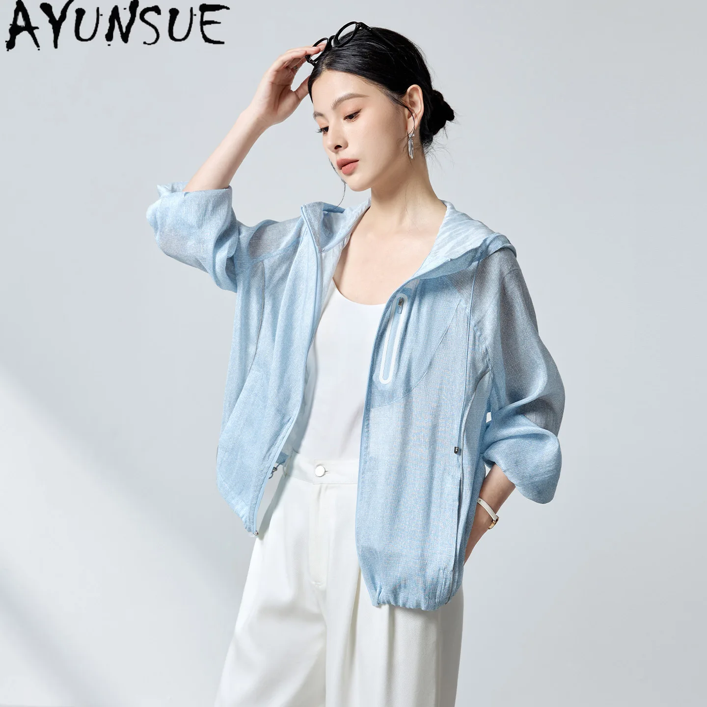 AYUNSUE 27.6% Mulberry Silk and Linen Blend Tops for Women Hooded Drawstring Women Tops Autumn Women Clothing 2026 Tops De Mujer