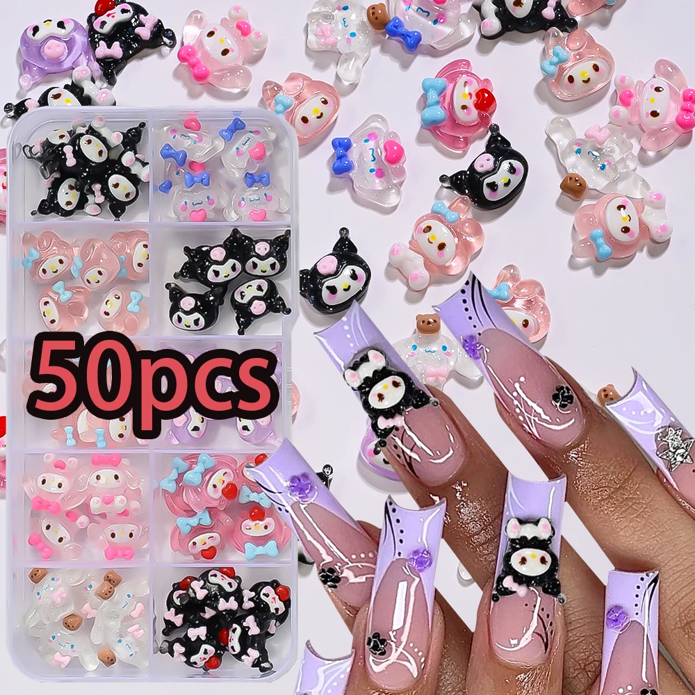 

50pcs/Box Mixed Kuromi My Melody Nail Accessories 3D Cute Transparent Resin Cartoon Japanese Anime Characters DIY Manicure Decor