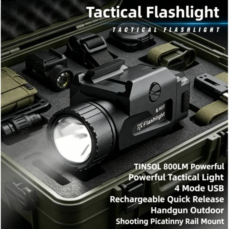 

TINSOL Powerful 800LM Handgun Tactical Light 4 Mode Adjustable USB Rechargeable Quick Release Rail Mount Gear