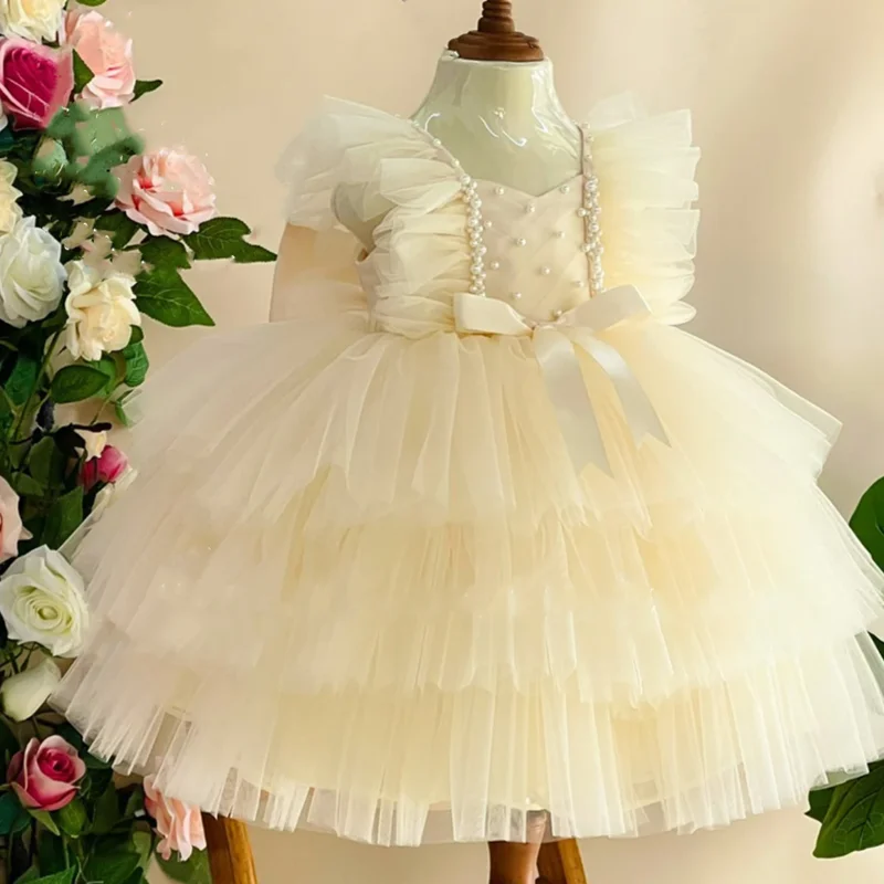 

Princess Tiered Pink Tulle Baby Flower Girl Dress for Wedding Birthday Party With Pearls Bow Gown Puffy First Communion Dress