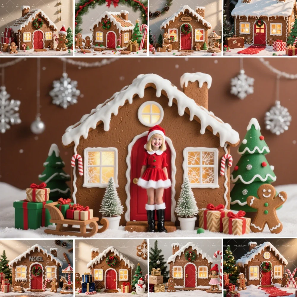 

Brown Gingerbread House Photography Background Wonderland Town Snowflake Snowy Backdrop Winter Kid Birthday PhotoStudio