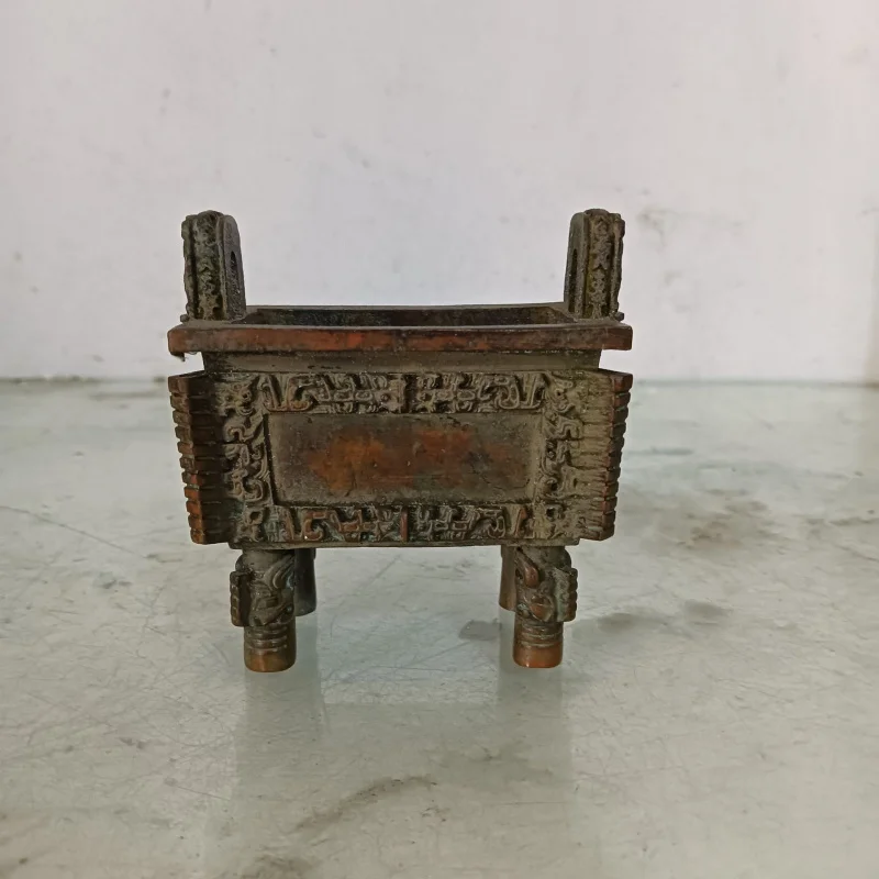 Antique Collectible Copper Square , Living Room Ornament, Alloy Tripod Incense Burner, Worship Decoration, Craft Item