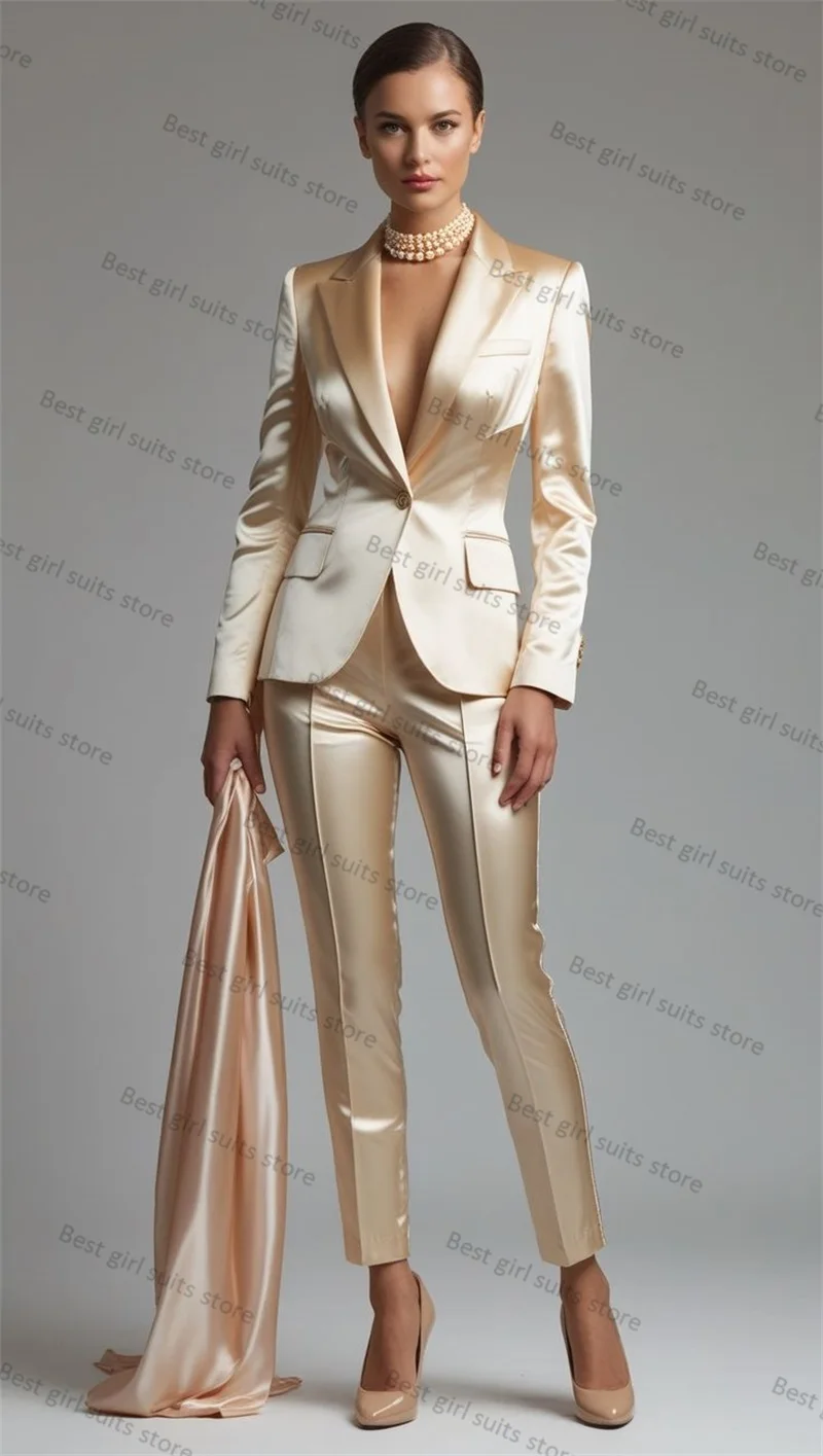 

Champagne Satin Women Suit 2 Piece Blazer+Pants Formal Office Lady Jacket Customized Wedding Tuxedo Spring Coat Trousers