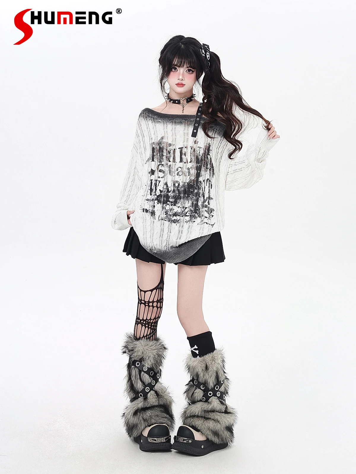 

Subculture Sweet Cool Hollow Knitted Y2K Tops Round Neck Off-Shoulder Long Sleeve Loose Versatile Casual Pullover Sweaters Women