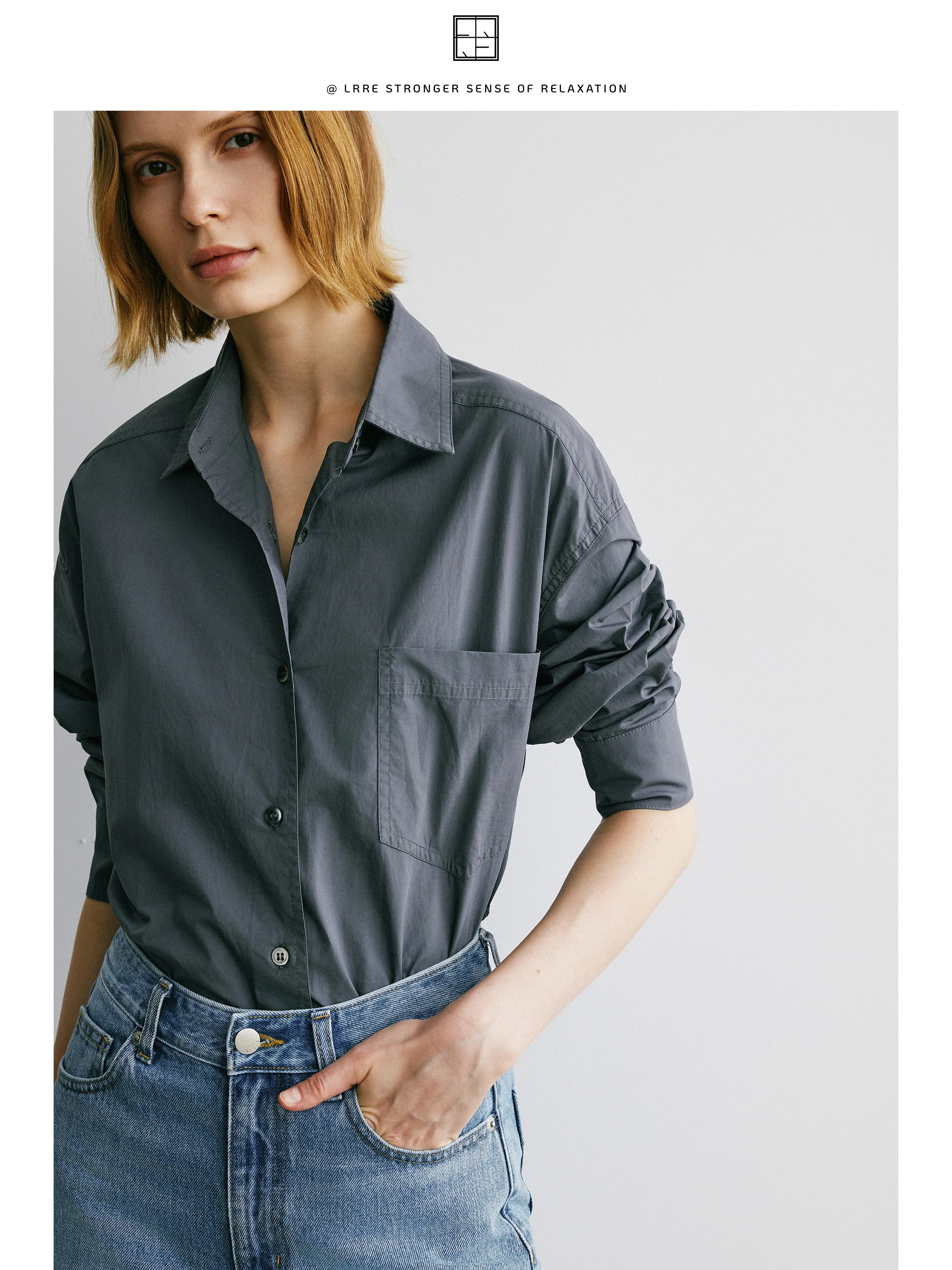 

LRRE Comfortable Commute Loose Fit Pure Cotton Long Sve irt Women's Faionable Lazy Slimming Tapered Top