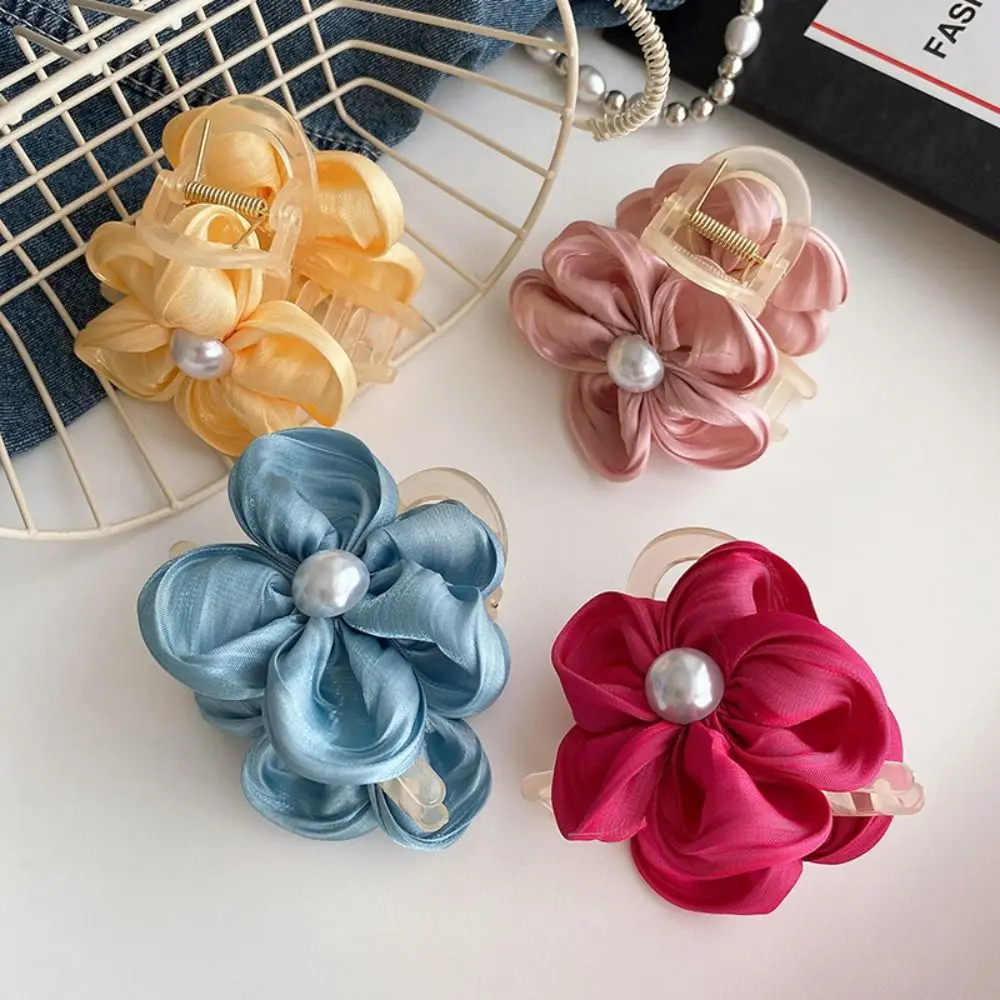 

Pearl Silk Flower Hair Claw Solid Color Hair Accessories Korean Style Hair Crab Clip Ponytail Holder Sweet Shark Clip Female