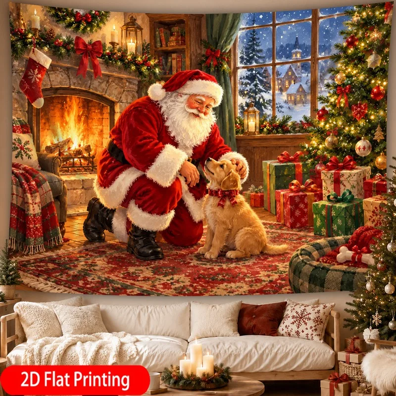 VIKAMA Christmas Wishes Tapestry, Holiday Pine Branches and Baubles, Xmas Wall Hanging Decor for Living Room Bedroom