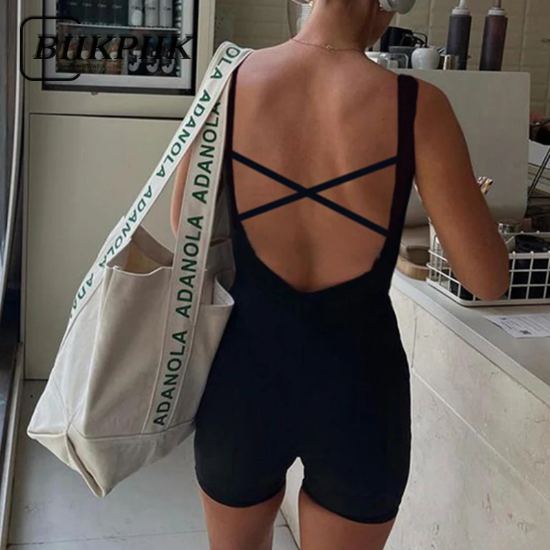 BIIKPIIK Shirring Backless Women Casual Playsuits Concise Lace-up Black Skinny Romper Activewear Sleeveless Overall Fitness 2024